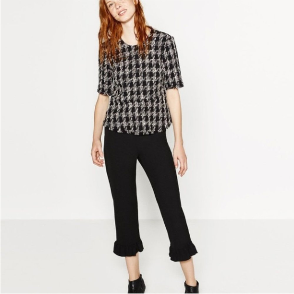 Zara Tweed Plaid Fringe Edge Top Black White M
